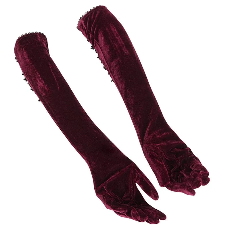 Damen-Gothic-Schnürhandschuhe aus Samt mit Spitzensaum in Rot