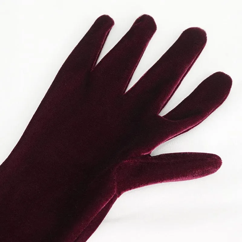Damen-Gothic-Schnürhandschuhe aus Samt mit Spitzensaum in Rot