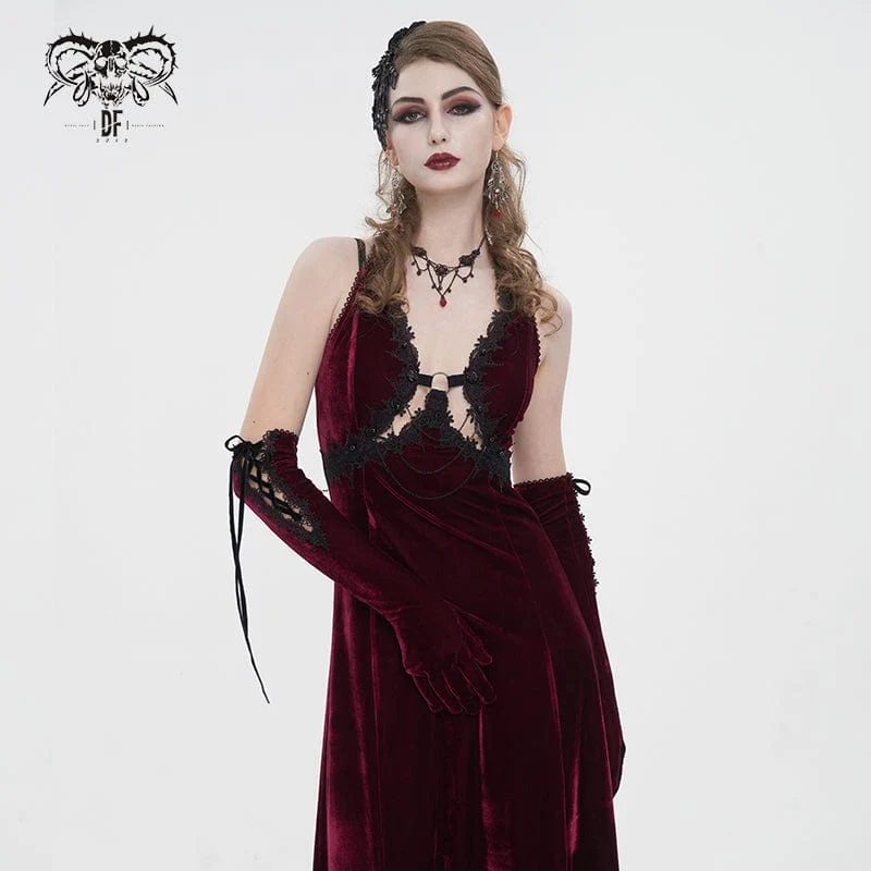 Damen-Gothic-Schnürhandschuhe aus Samt mit Spitzensaum in Schwarz