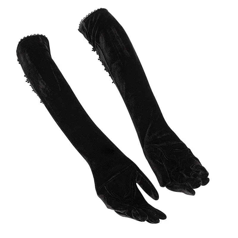 Damen-Gothic-Schnürhandschuhe aus Samt mit Spitzensaum in Schwarz