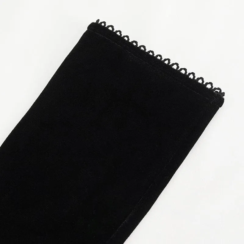 Damen-Gothic-Schnürhandschuhe aus Samt mit Spitzensaum in Schwarz
