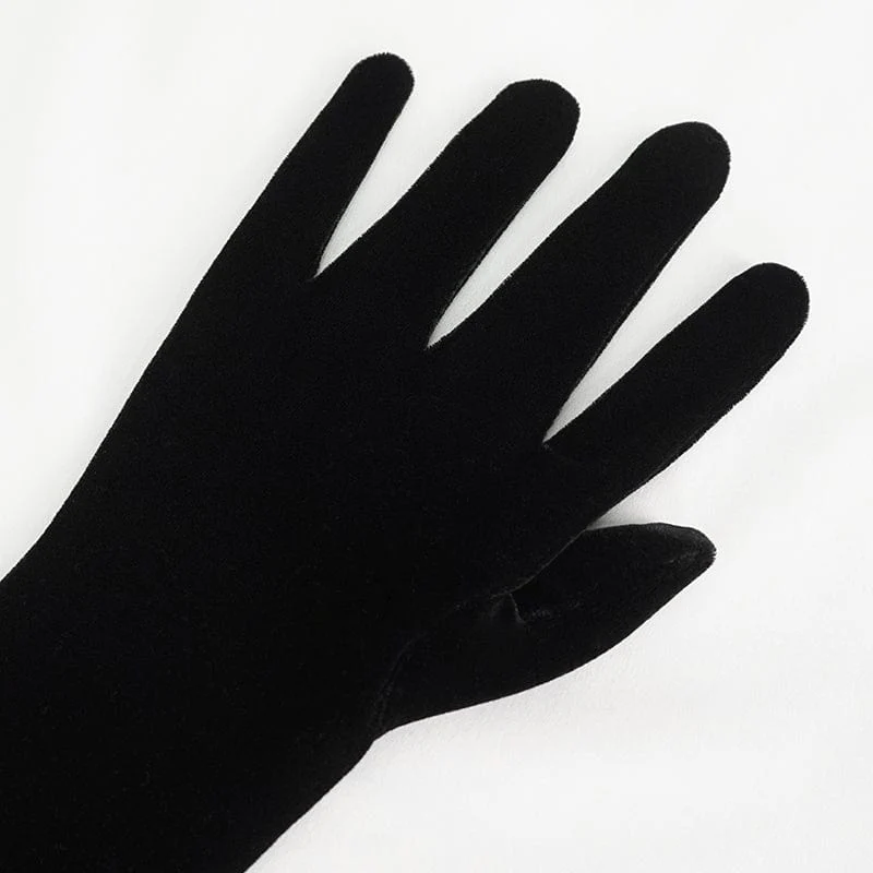 Damen-Gothic-Schnürhandschuhe aus Samt mit Spitzensaum in Schwarz