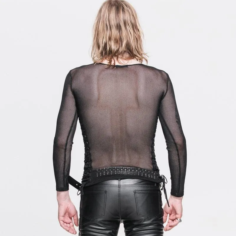 Herren Full Mesh String und Grommet Side Schnürung Punk T Shirt