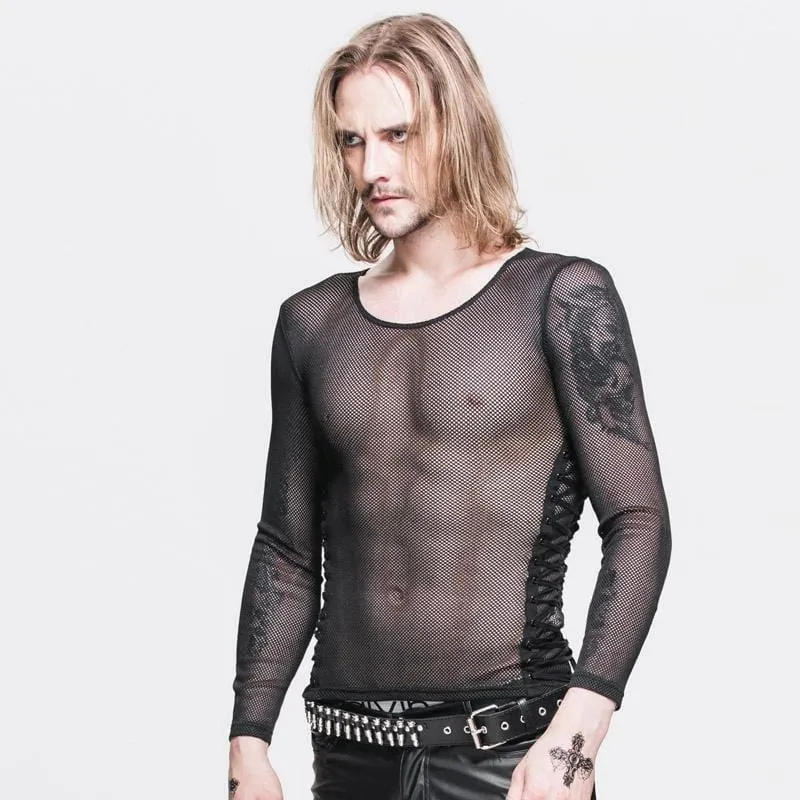 Herren Full Mesh String und Grommet Side Schnürung Punk T Shirt