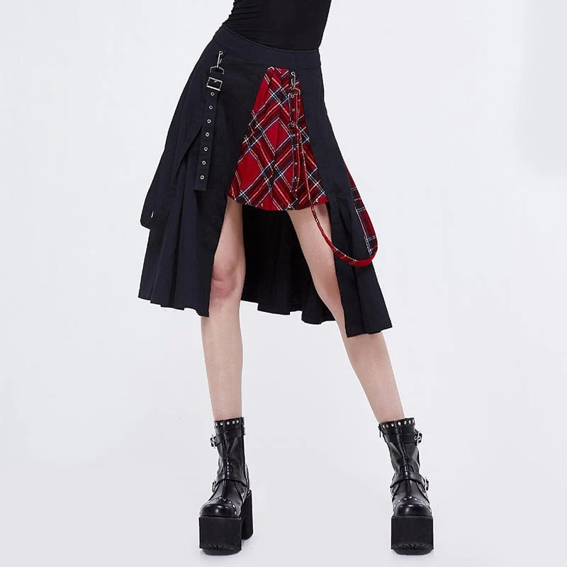 Damen Gothic Seitenschlitz rot karierter Rock mit Riemen
