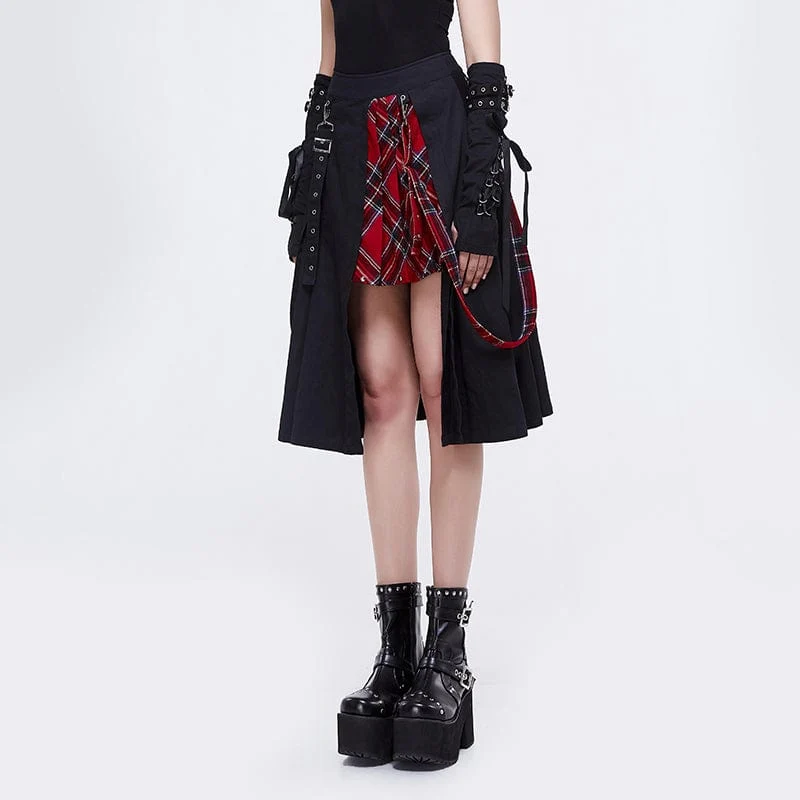 Damen Gothic Seitenschlitz rot karierter Rock mit Riemen