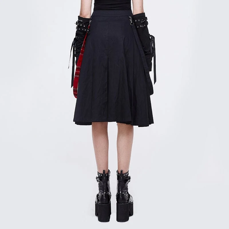 Damen Gothic Seitenschlitz rot karierter Rock mit Riemen