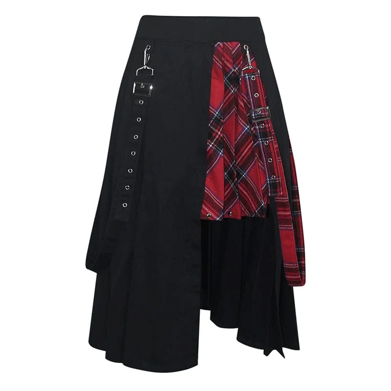 Damen Gothic Seitenschlitz rot karierter Rock mit Riemen