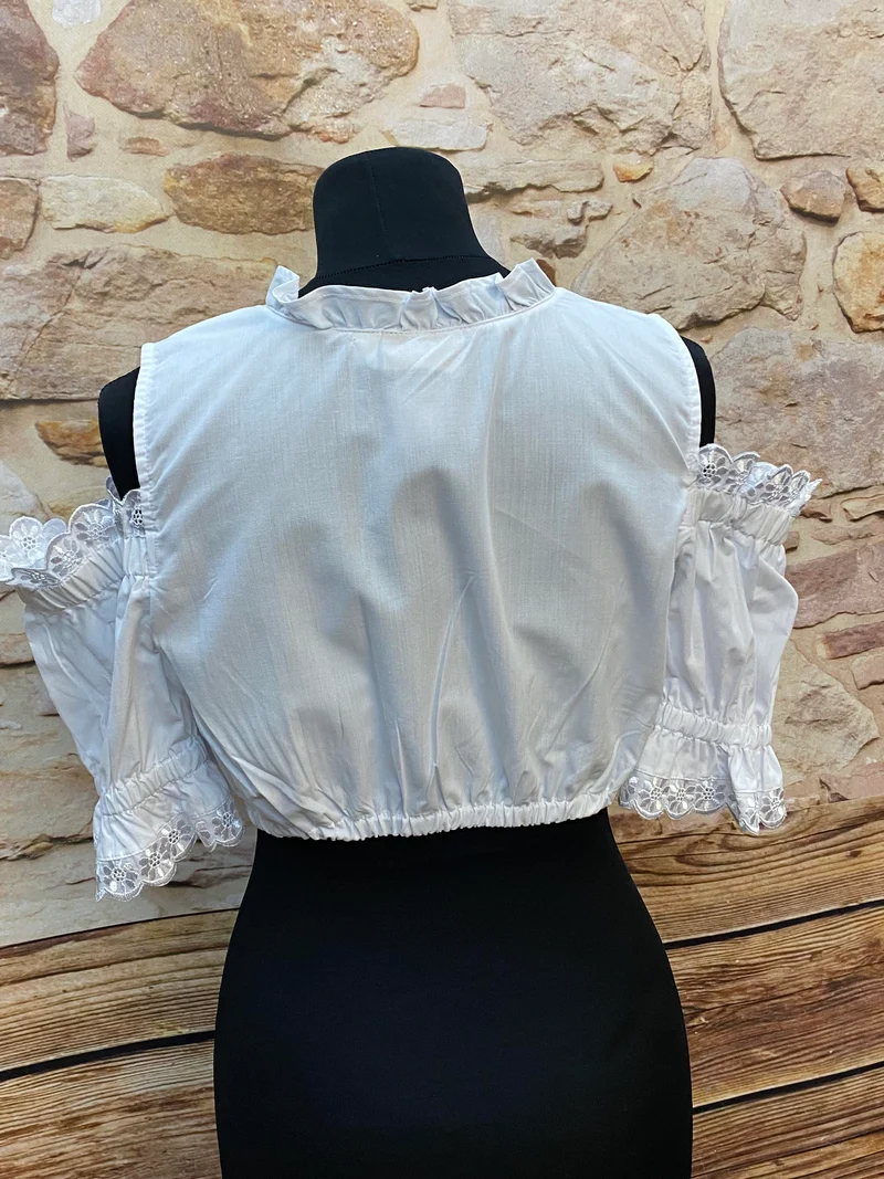 Dirndlbluse Damen Weiß Off-Shoulder – Rüschen & Spitze (Gr. 46)