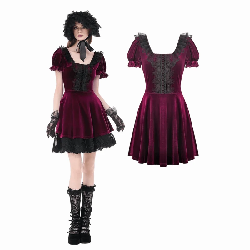 Gothic-Samtkleid für Damen mit Spitzenbesatz, eckigem Kragen und Abschlusskleid