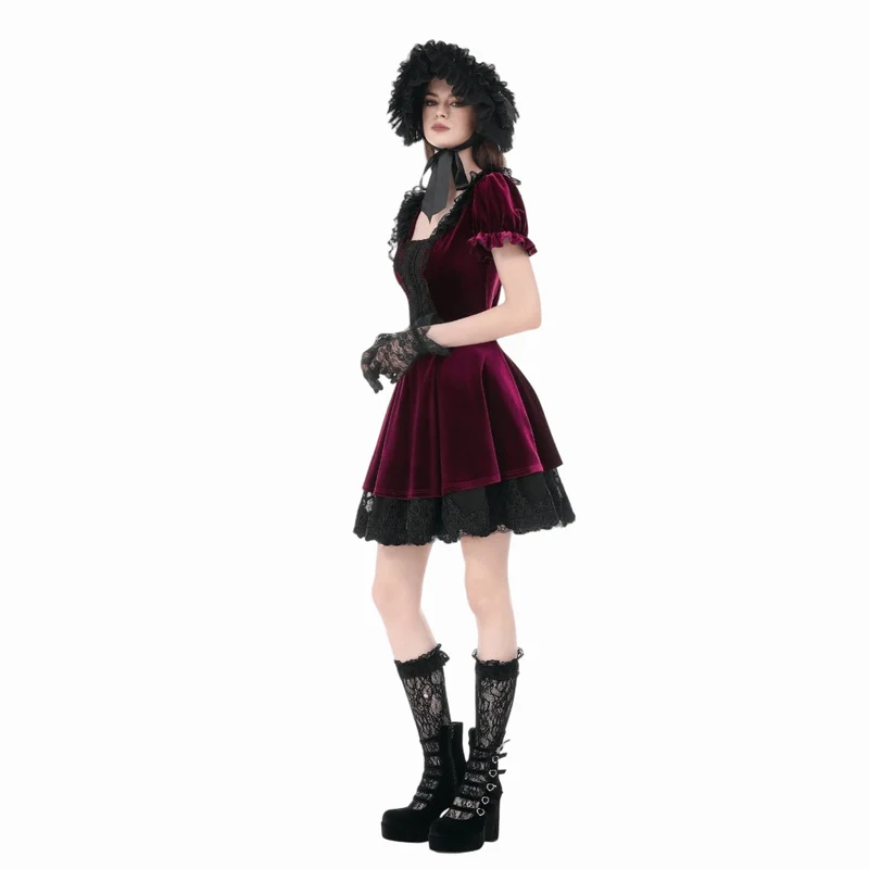 Gothic-Samtkleid für Damen mit Spitzenbesatz, eckigem Kragen und Abschlusskleid