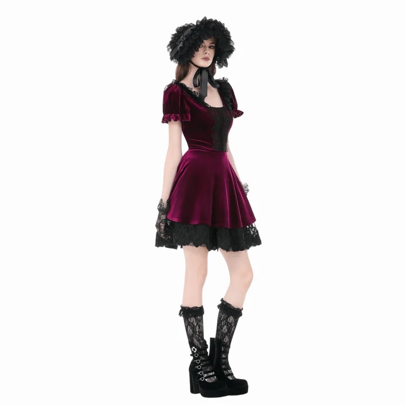 Gothic-Samtkleid für Damen mit Spitzenbesatz, eckigem Kragen und Abschlusskleid