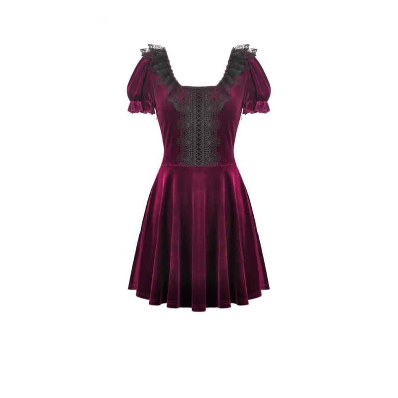 Gothic-Samtkleid für Damen mit Spitzenbesatz, eckigem Kragen und Abschlusskleid