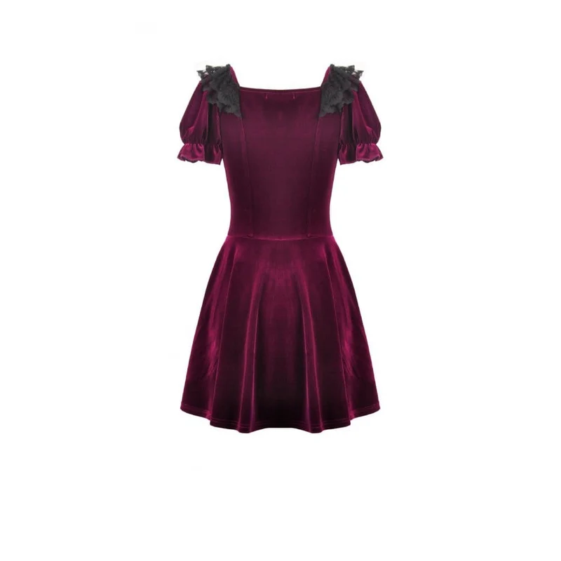 Gothic-Samtkleid für Damen mit Spitzenbesatz, eckigem Kragen und Abschlusskleid