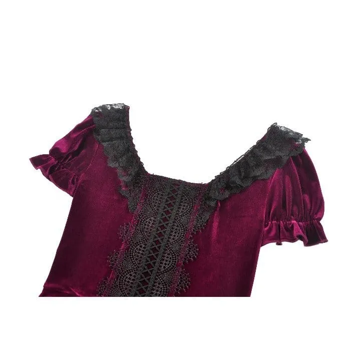 Gothic-Samtkleid für Damen mit Spitzenbesatz, eckigem Kragen und Abschlusskleid