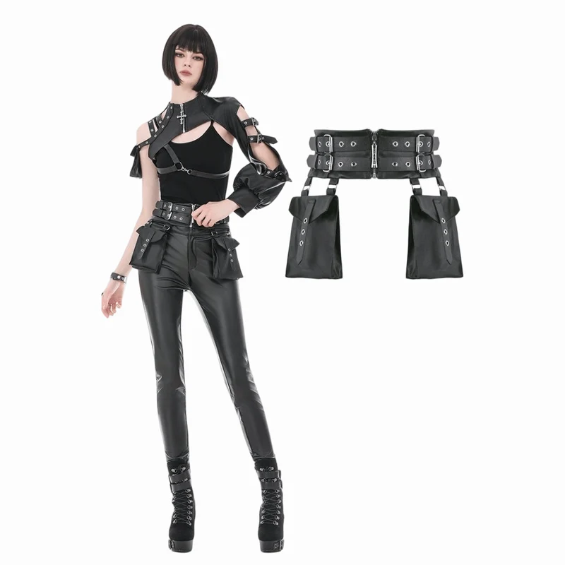 Punk-Gürtel für Damen mit Ösenschnalle, Reißverschluss und Taschen