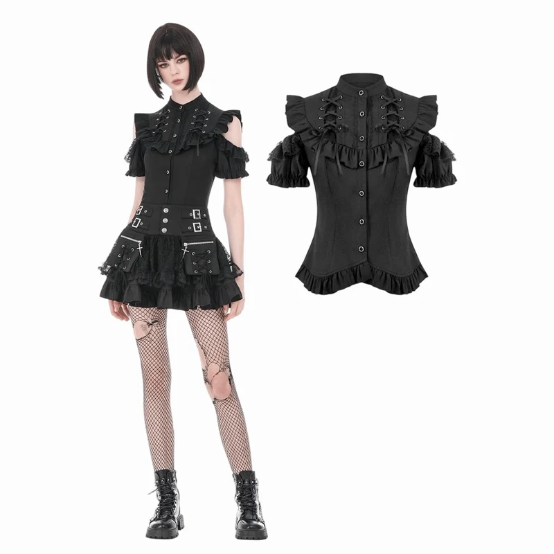 Gothic-T-Shirt für Damen mit Rüschen, Schnürung und Cut-outs, kurzen Ärmeln
