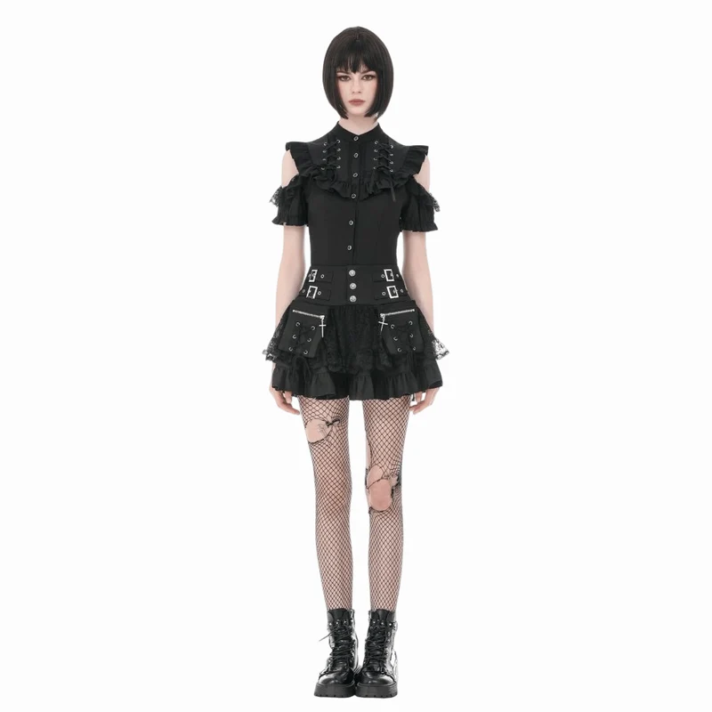 Gothic-T-Shirt für Damen mit Rüschen, Schnürung und Cut-outs, kurzen Ärmeln