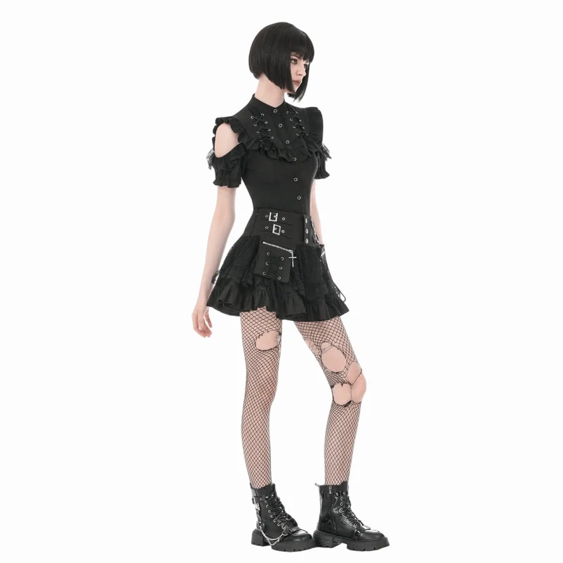 Gothic-T-Shirt für Damen mit Rüschen, Schnürung und Cut-outs, kurzen Ärmeln