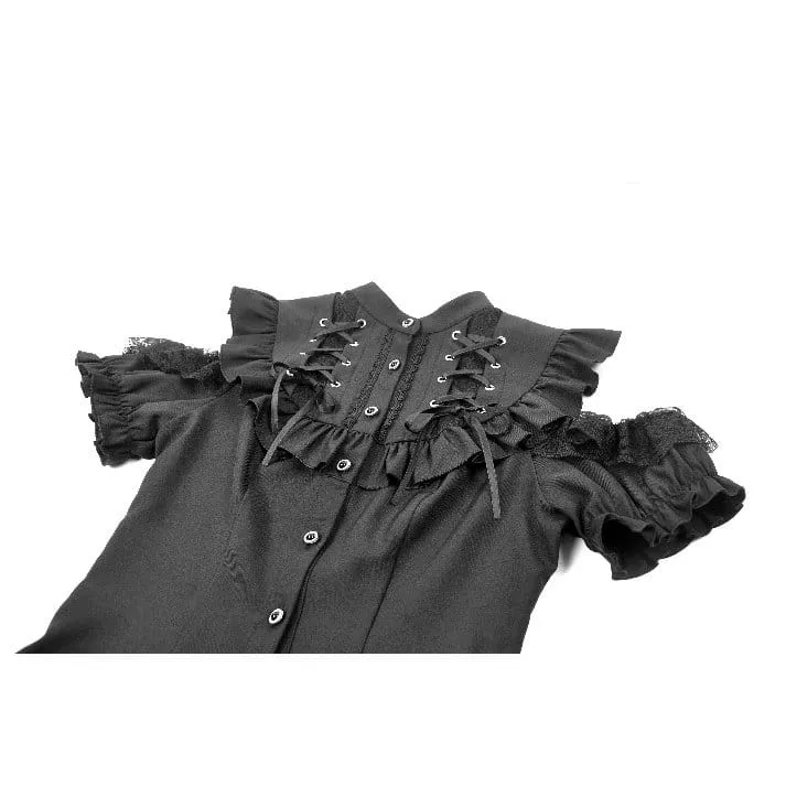 Gothic-T-Shirt für Damen mit Rüschen, Schnürung und Cut-outs, kurzen Ärmeln
