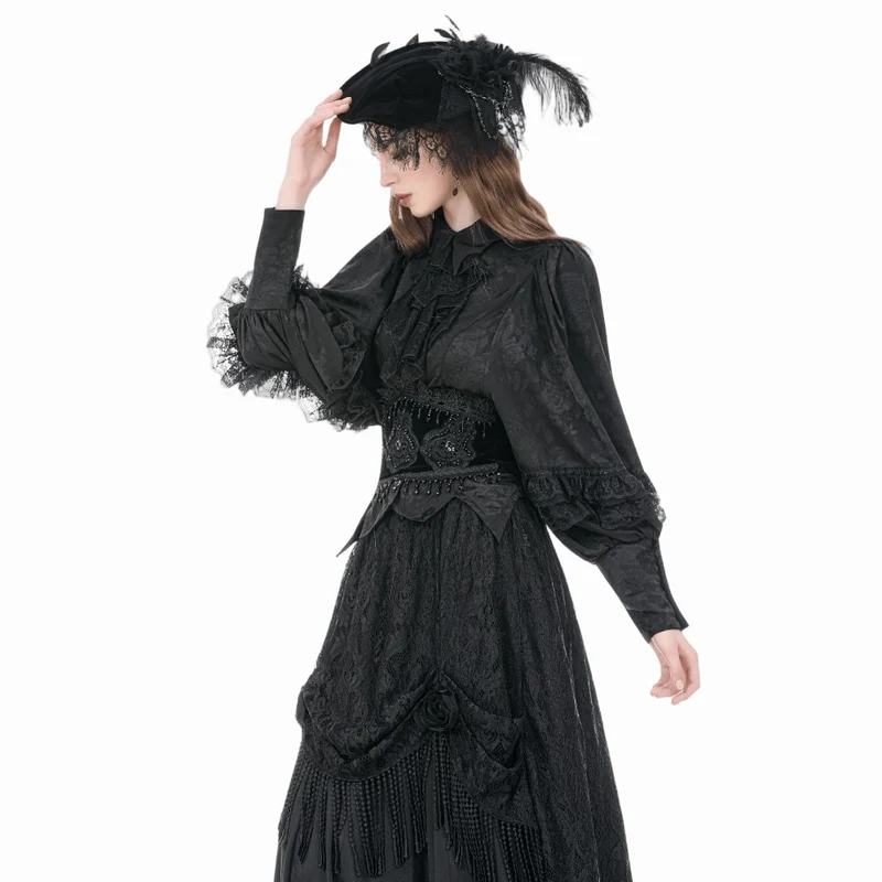 Gothic-Damenbluse mit Rosenjacquardmuster, unregelmäßigem Saum, langen Ärmeln und abnehmbarer Krawatte