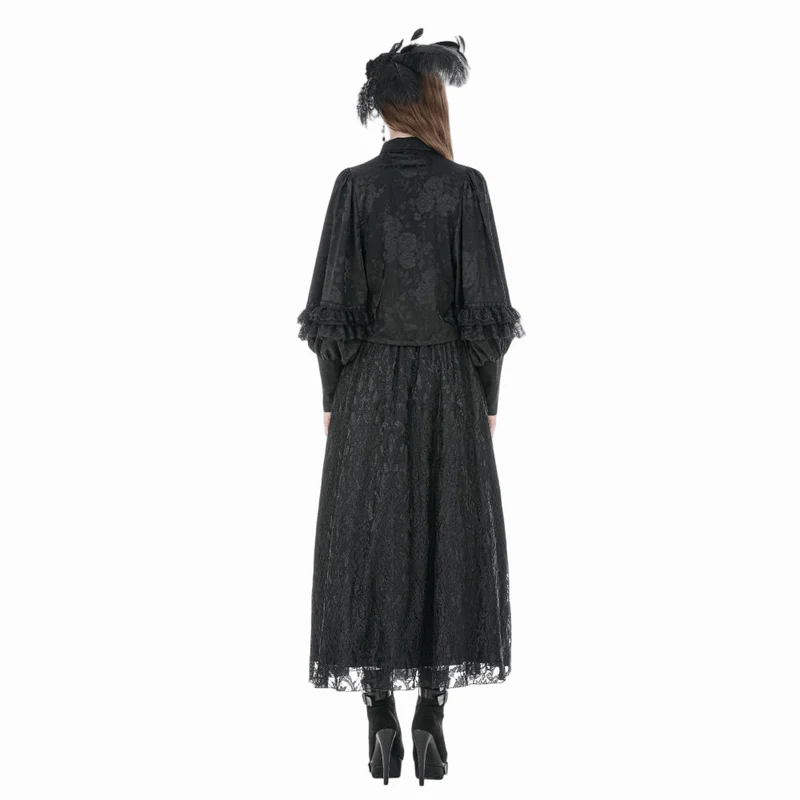 Gothic-Damenbluse mit Rosenjacquardmuster, unregelmäßigem Saum, langen Ärmeln und abnehmbarer Krawatte