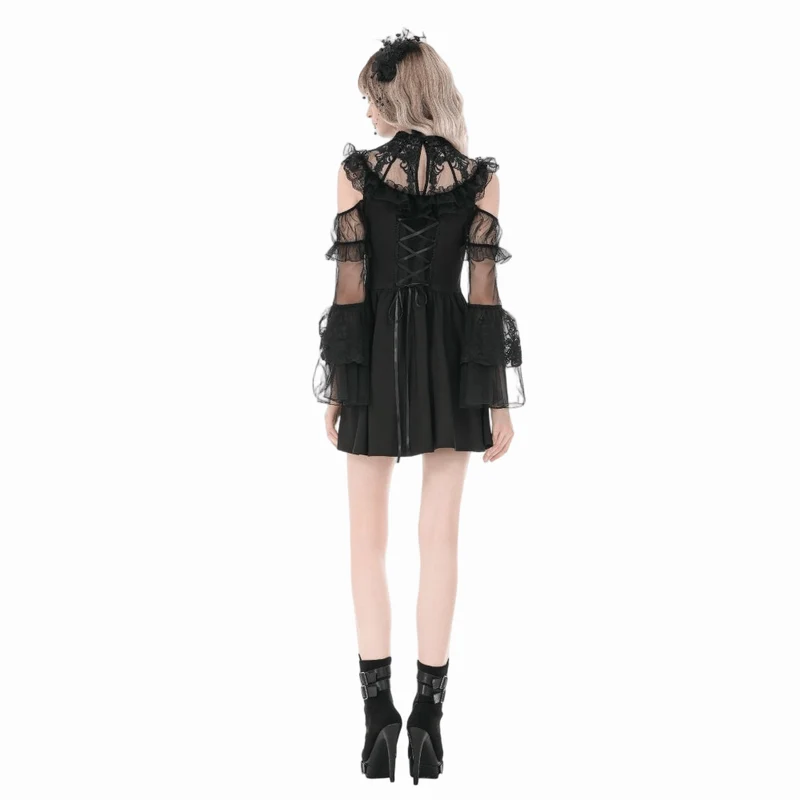 Gothic-Kleid für Damen mit Mesh-Einsätzen, Rüschen und Cut-outs, langen Ärmeln