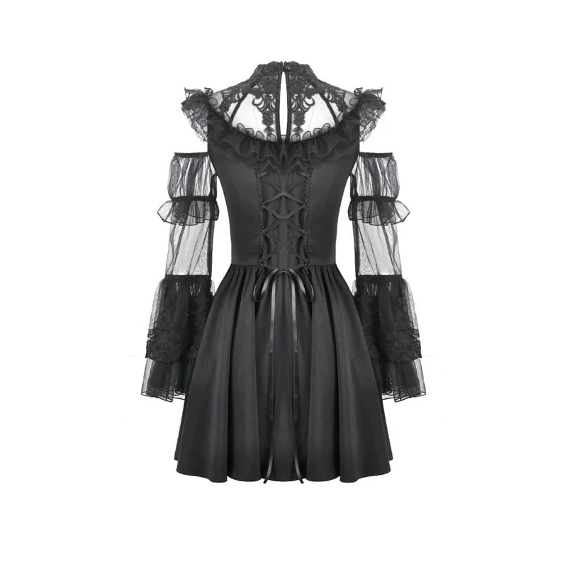 Gothic-Kleid für Damen mit Mesh-Einsätzen, Rüschen und Cut-outs, langen Ärmeln