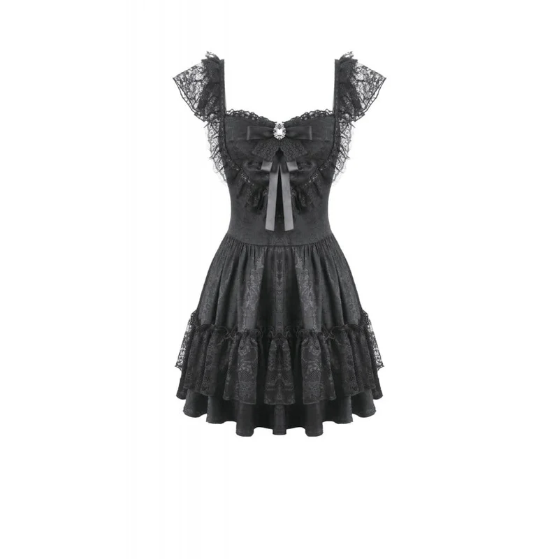 Gothic-Jacquard-Spitzenkleid mit Schleife und Rüschen für Damen