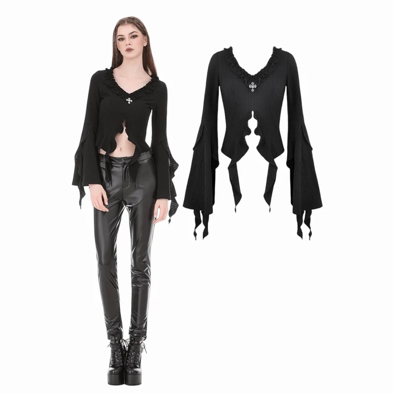 Gothic-Crop-Top mit gekreuzten Ärmeln, tiefem Ausschnitt und Bändern für Damen