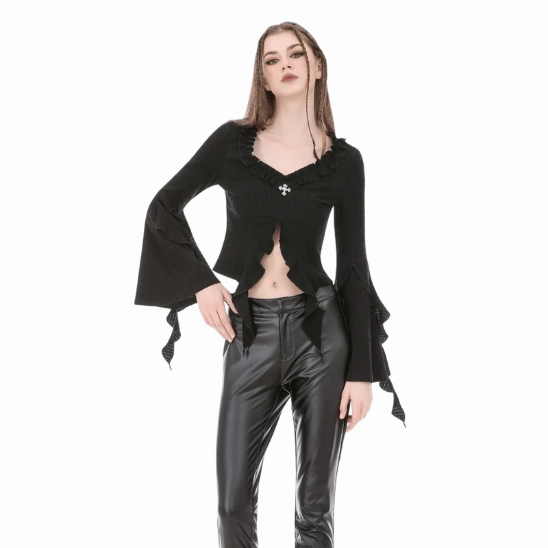 Gothic-Crop-Top mit gekreuzten Ärmeln, tiefem Ausschnitt und Bändern für Damen