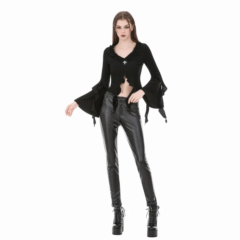 Gothic-Crop-Top mit gekreuzten Ärmeln, tiefem Ausschnitt und Bändern für Damen
