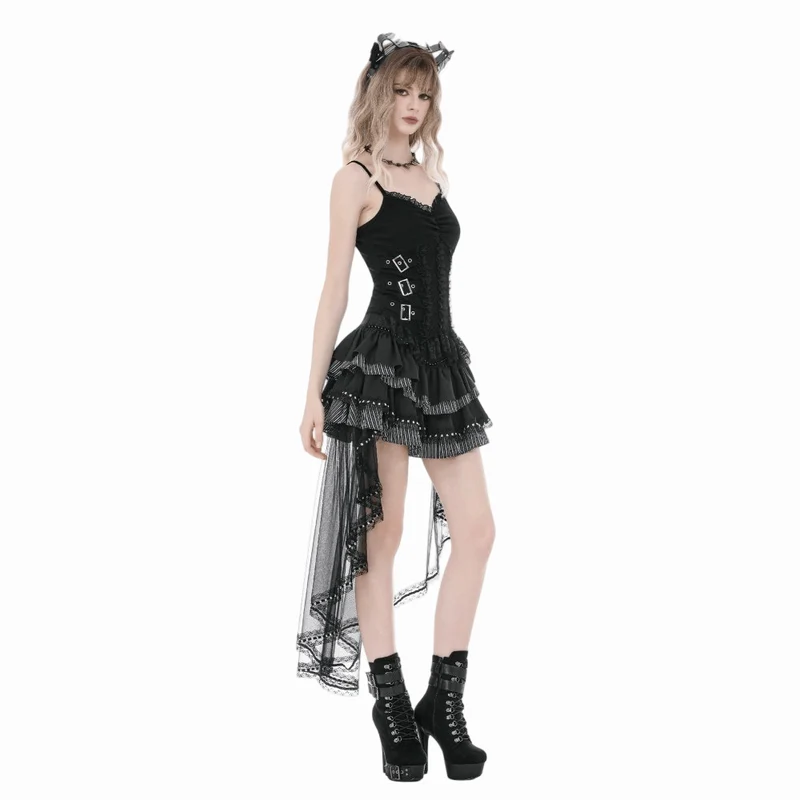 Gothic-Mehrlagenrock für Damen mit Raffungen und Netzsaum