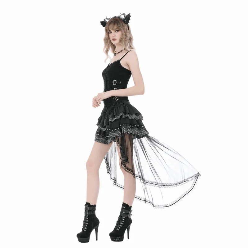 Gothic-Mehrlagenrock für Damen mit Raffungen und Netzsaum