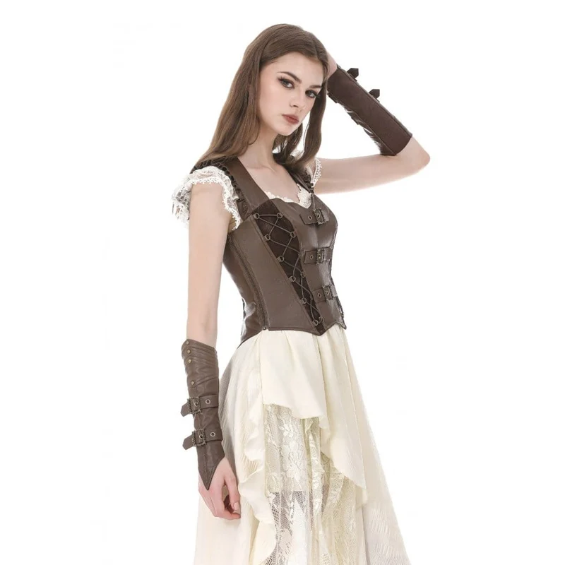 Steampunk-Weste für Damen mit Schnallenriemen, seitlichem Reißverschluss und Cut-Outs
