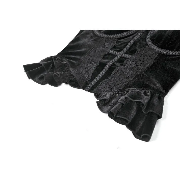 Gothic-T-Shirt aus Samt mit Kreuzverzierung und Rüschen für Damen