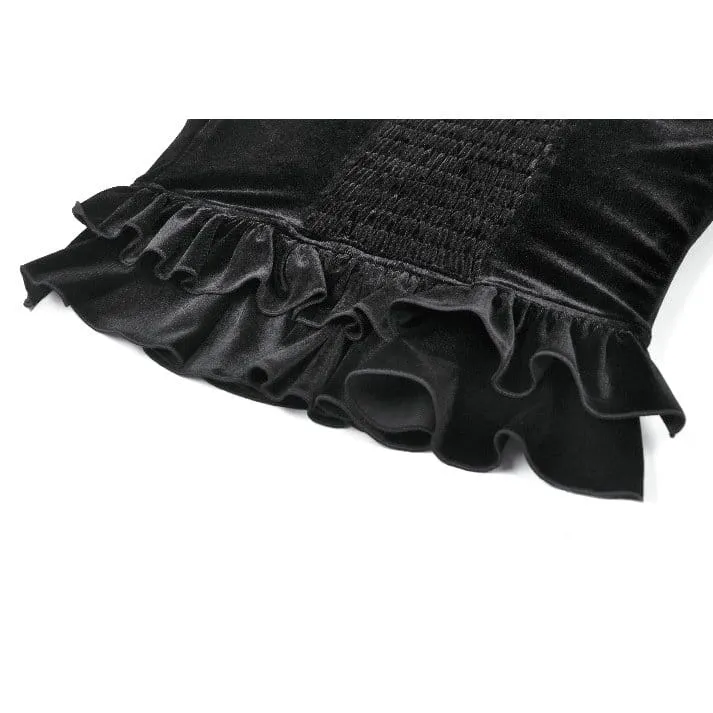 Gothic-T-Shirt aus Samt mit Kreuzverzierung und Rüschen für Damen