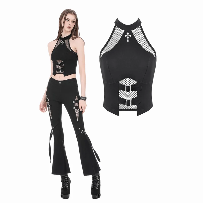 Punk-Tanktop mit gekreuzten Mesh-Einsätzen für Damen, Neckholder