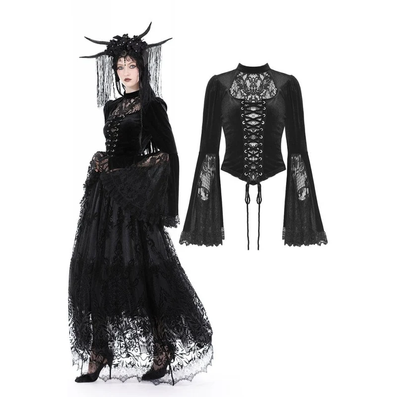 Damen Gothic Flared Sleeved Lace Splice Velvet Shirt