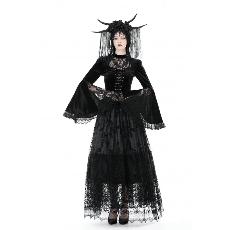 Damen Gothic Flared Sleeved Lace Splice Velvet Shirt