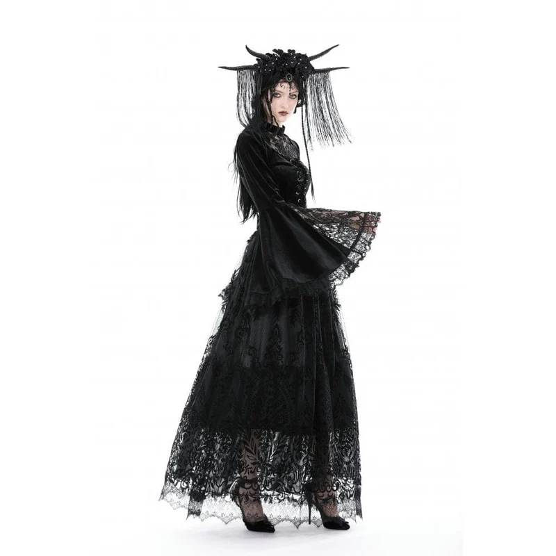 Damen Gothic Flared Sleeved Lace Splice Velvet Shirt