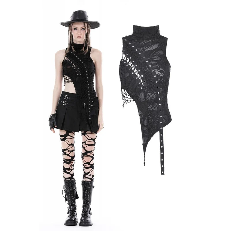Punk-Tanktop mit unregelmäßigem Rollkragen und Rissen für Damen