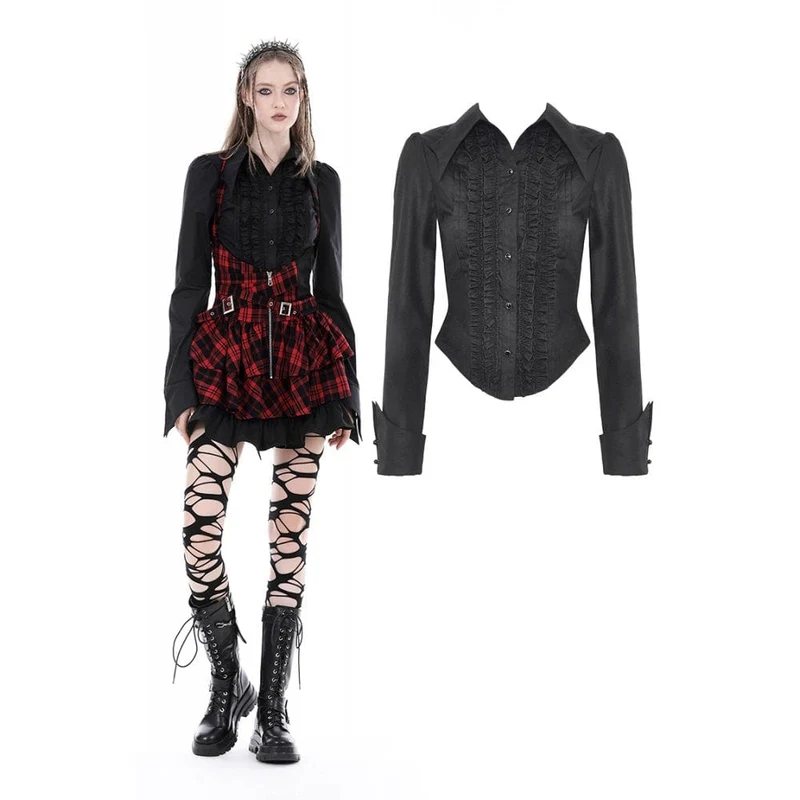 Damen-Gothic-Hemd mit Umlegekragen und Rüschen in Schwarz