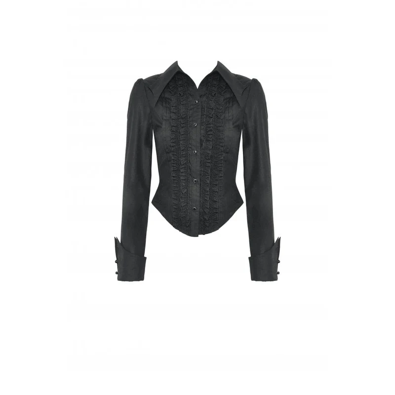 Damen-Gothic-Hemd mit Umlegekragen und Rüschen in Schwarz