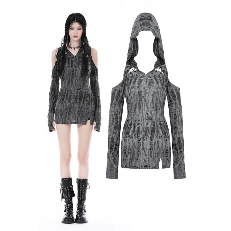 Schulterfreies, zerrissenes Punk-Kleid für Damen mit Kapuze