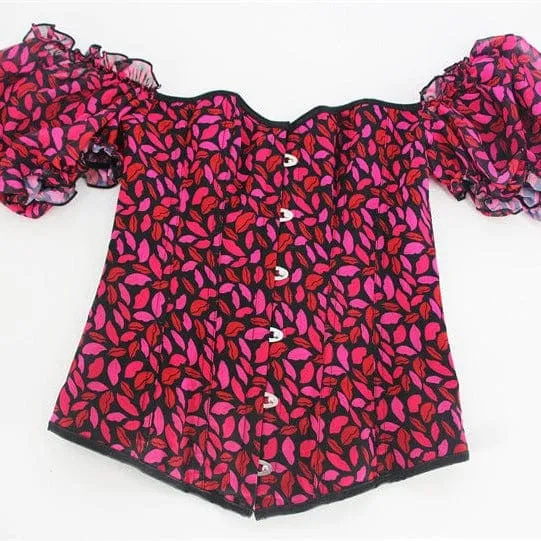 Damen Gothic-Vollbrustkorsett mit Puffärmeln und Lippen-Print