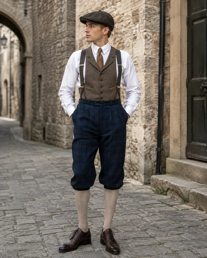Blaugrüne Karo-Knickerbocker Hose Gr. 50 – 20er Jahre Stil