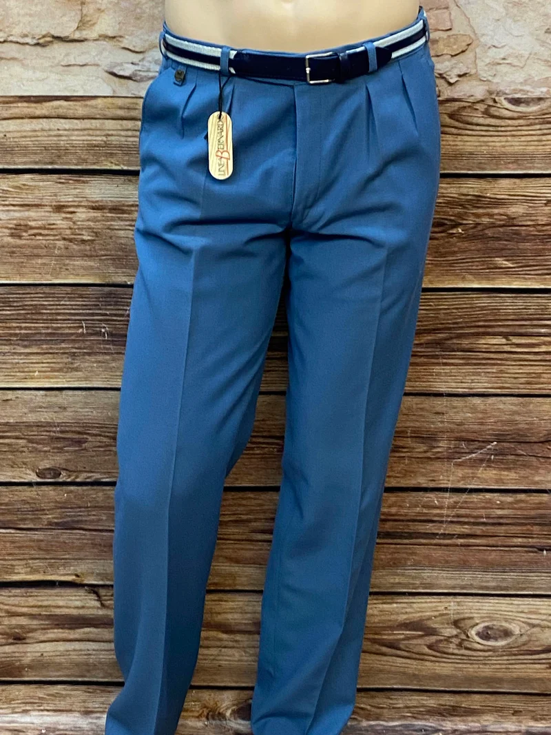 Vintage Bundfaltenhose Herren Blau Gr. 48 – High Waist mit Gürtel