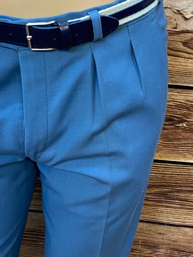 Vintage Bundfaltenhose Herren Blau Gr. 48 – High Waist mit Gürtel