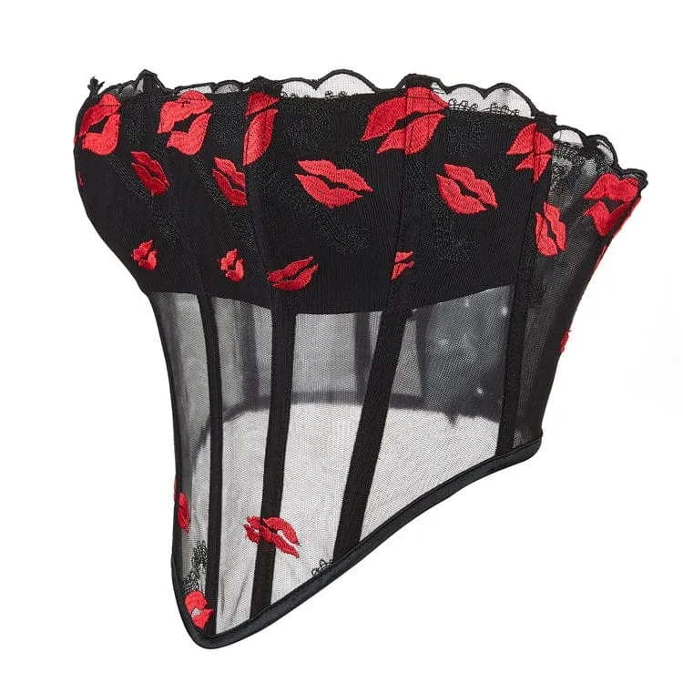 Damen Gothic Lippenbedrucktes Mesh-Vollbrustkorsett